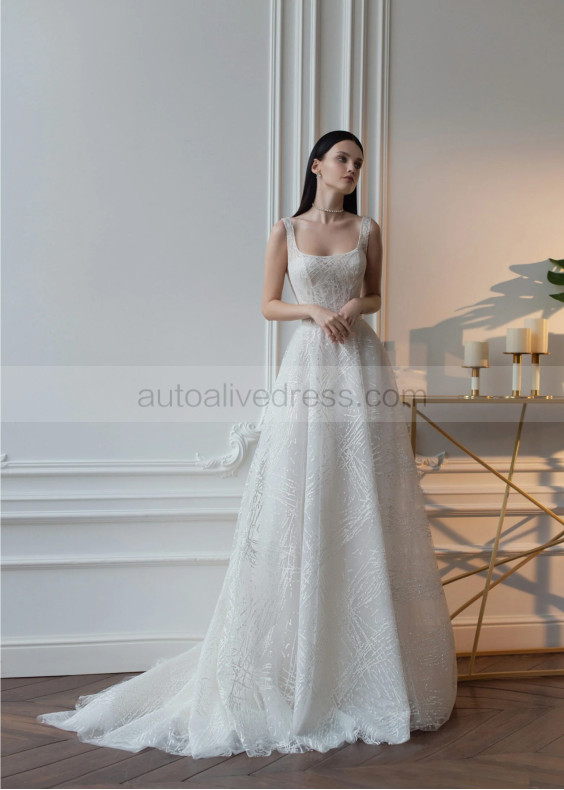 Square Neck Ivory Glitter Lace Tulle Open Back Wedding Dress
